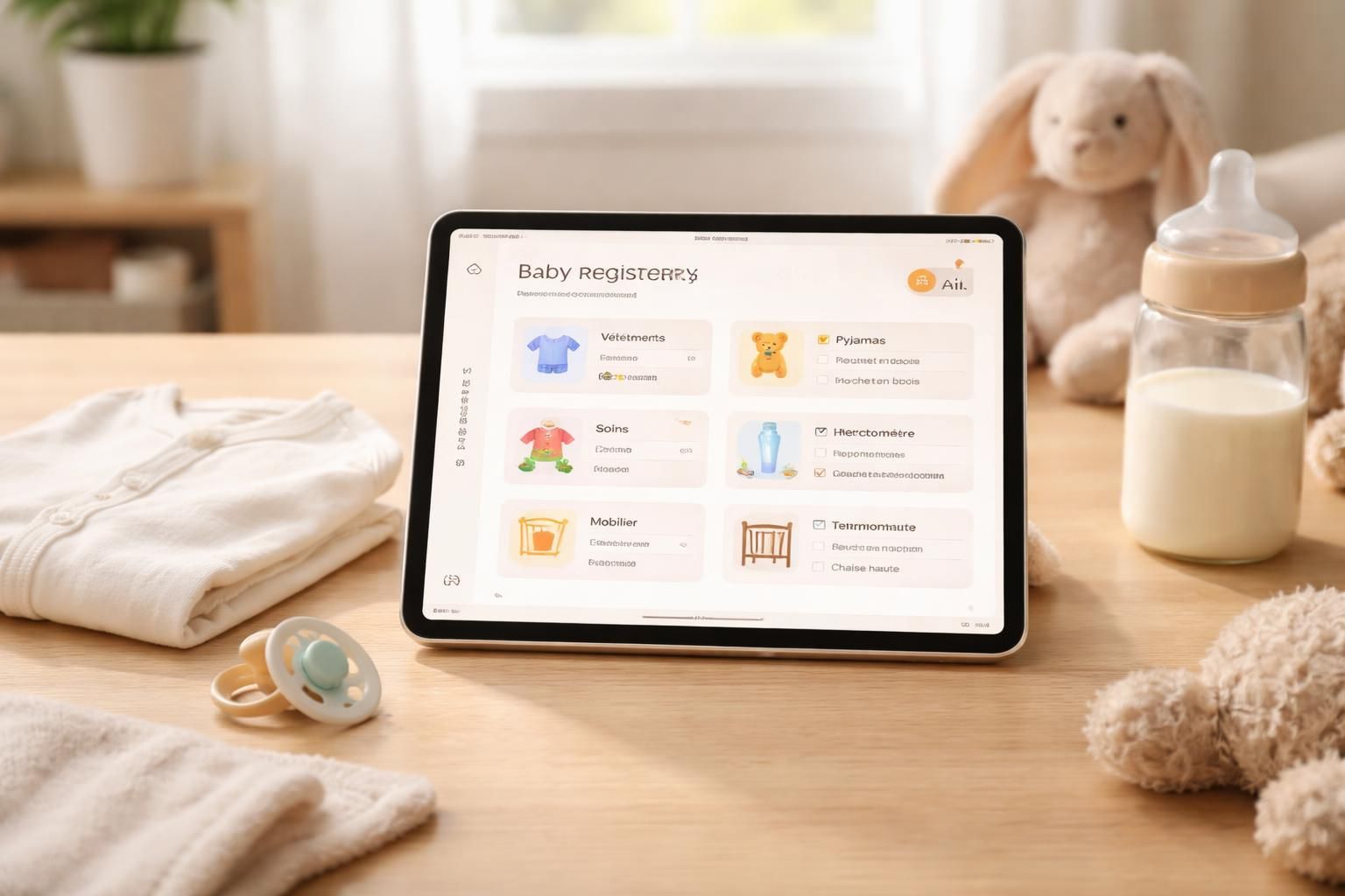organisez la liste de naissance de votre bébé facilement sur ipad air pour ne rien oublier et préparer l'arrivée en toute sérénité.