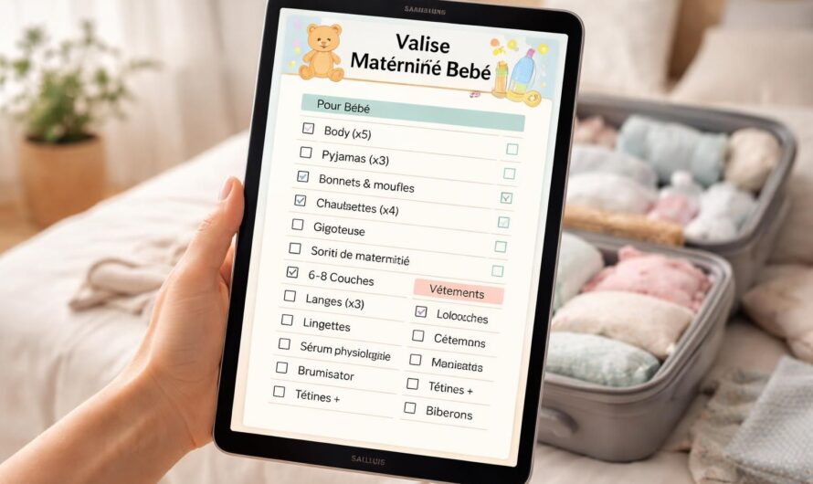 Valise maternité du bébé : check-list sur tablette Samsung Galaxy