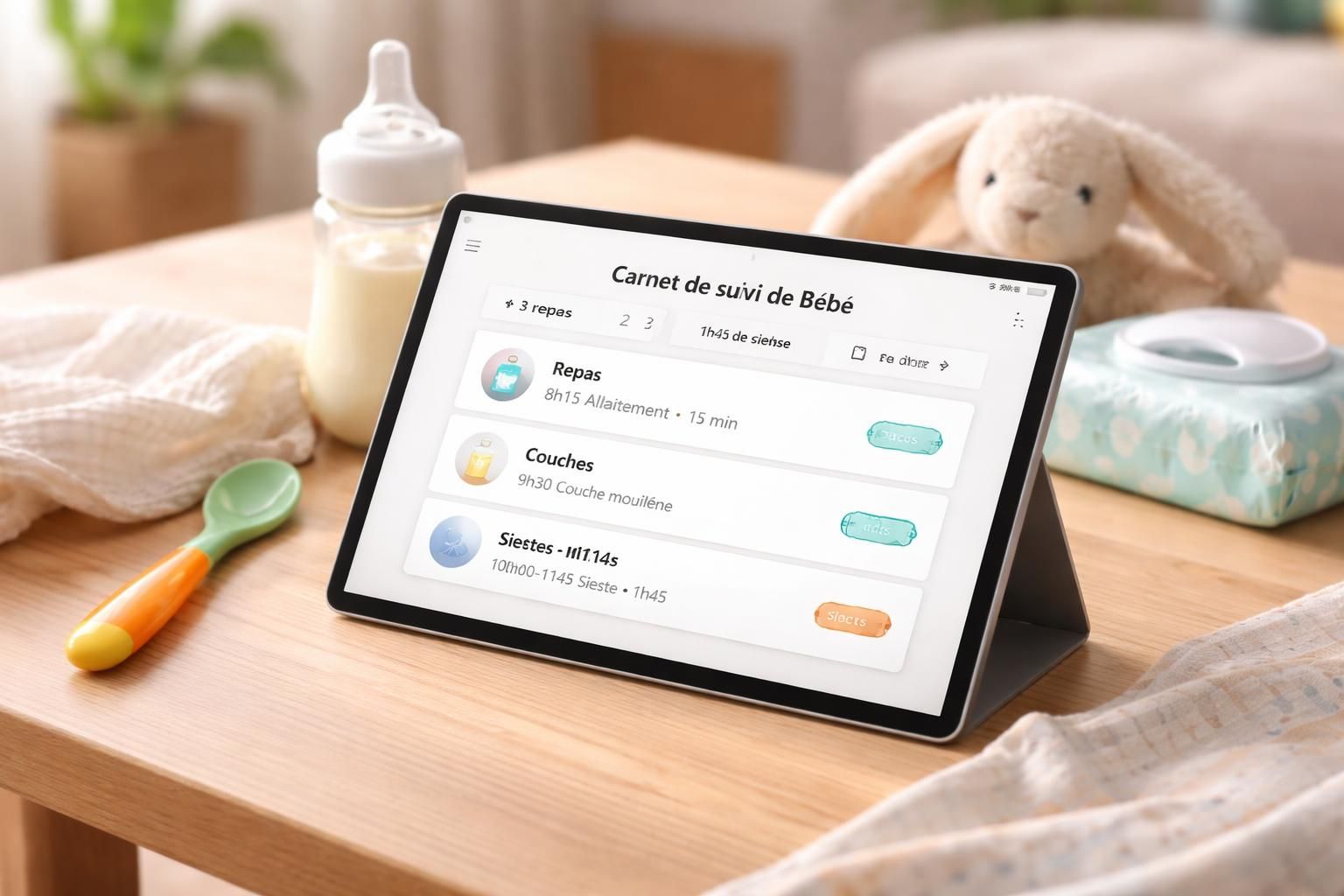 organisez facilement les repas, couches et siestes de votre bébé grâce au carnet numérique sur tablette tactile microsoft surface.