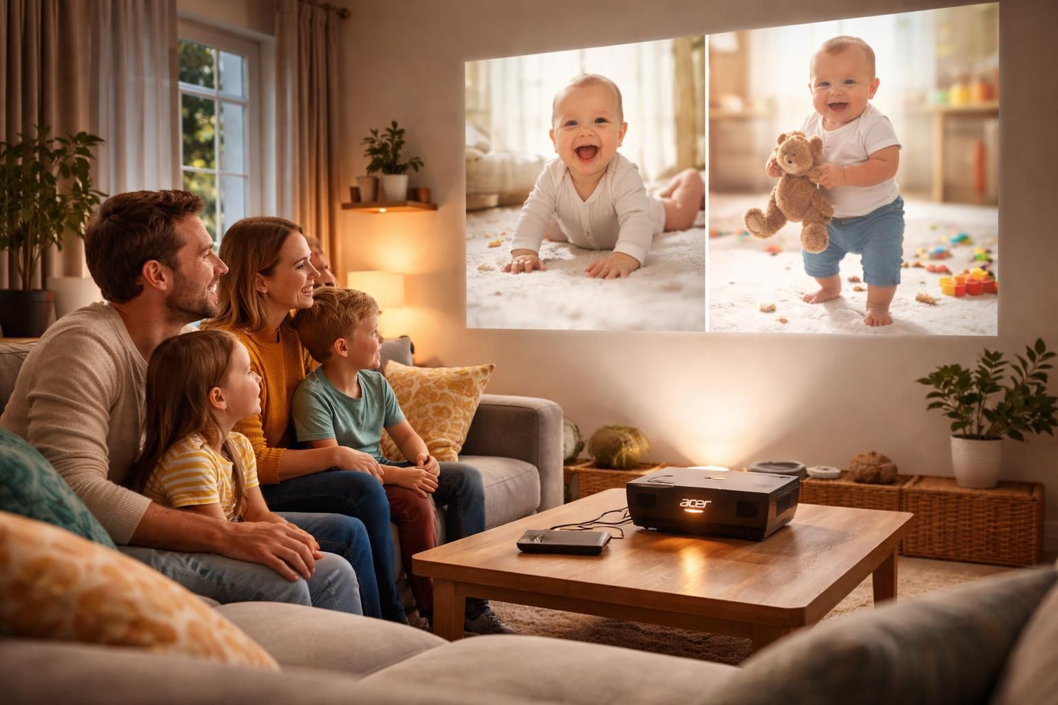 revivez les doux moments de votre bébé en famille grâce au vidéoprojecteur acer, projetant vos photos pour des souvenirs inoubliables et partagés.