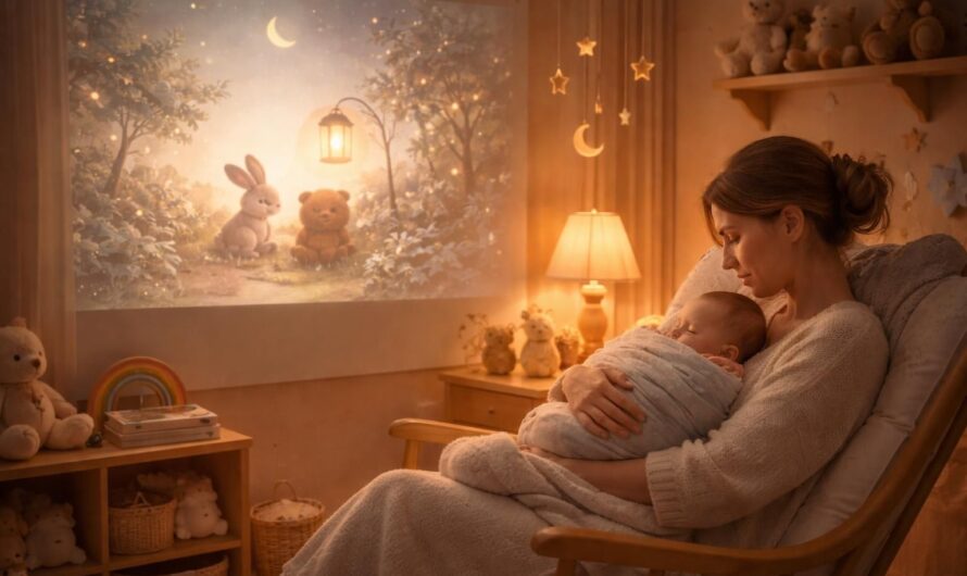 Rituel du coucher du bébé : histoire douce sur écran de projection