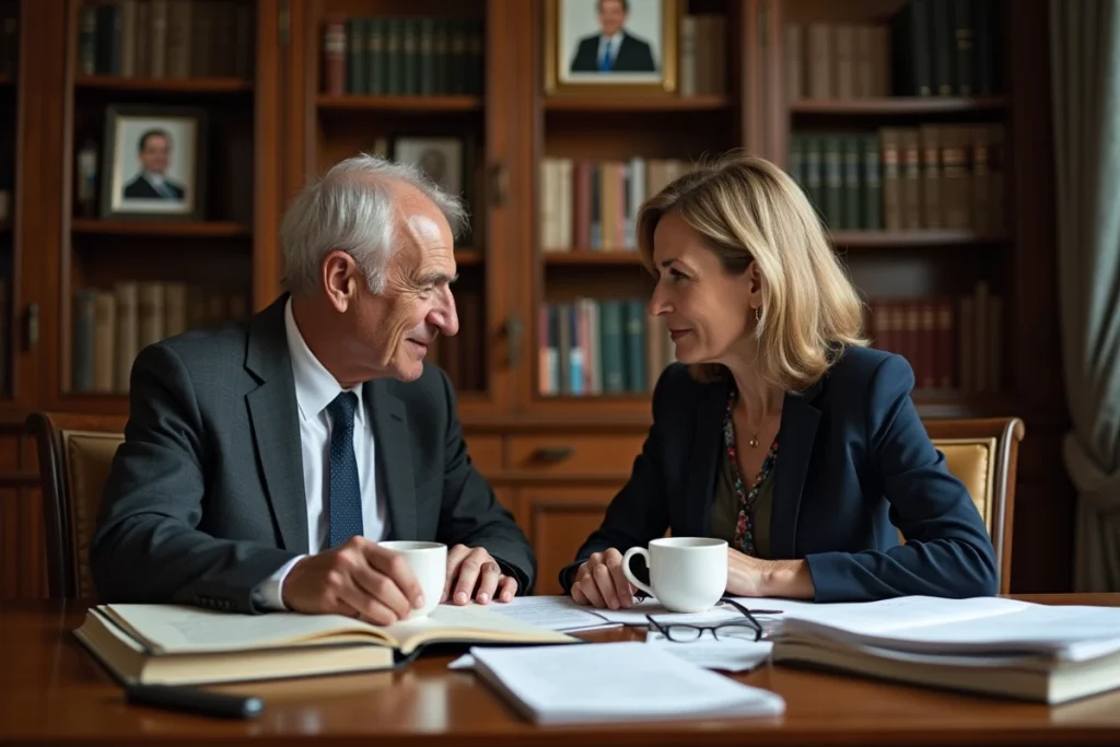 Homme et femme examinant des documents politiques dans un bureau privé, questionnant la frontière entre couple et partenaires politiques