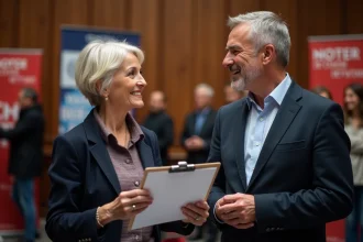 Couple engagé politiquement lors d'un meeting, illustrant la frontière entre vie privée et engagement public