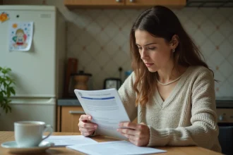 Mère séparée consultant les documents d'aide CAF 2026 à la table de sa cuisine