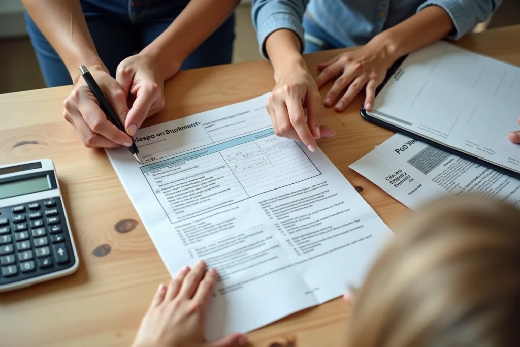 Mains de parents séparés signant un document de répartition d'aide CAF sur un bureau administratif
