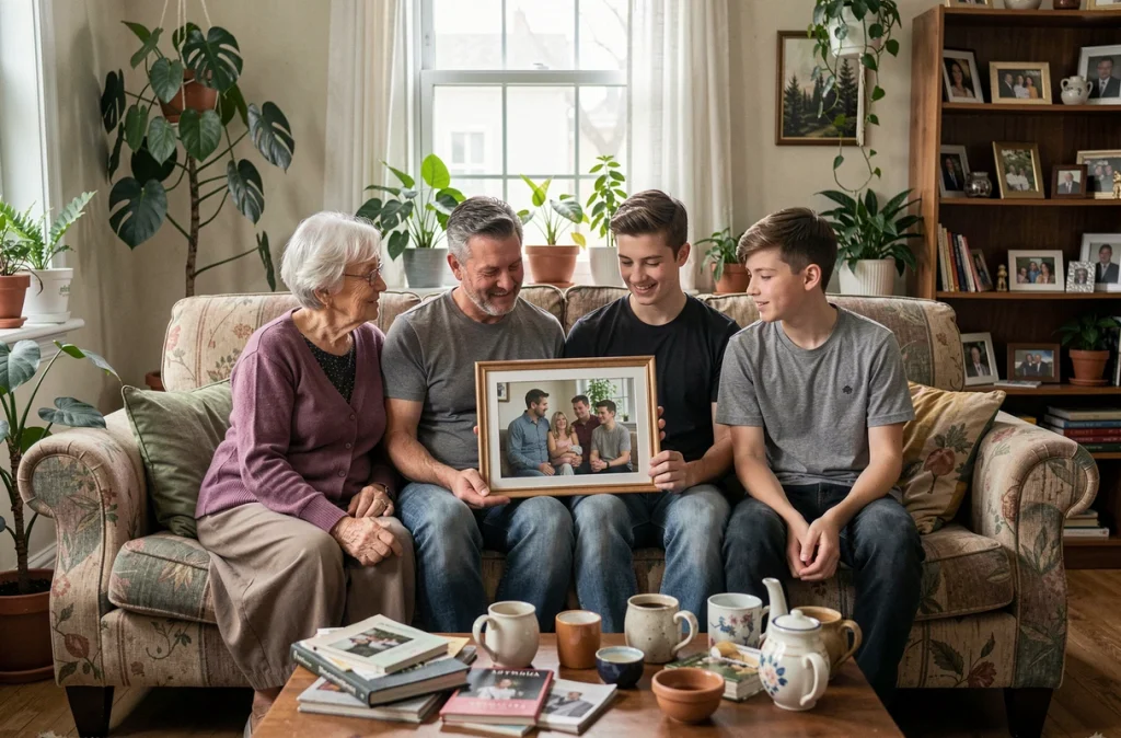 Famille multigénérationnelle réunie dans un salon représentant les liens familiaux de l'adoption simple