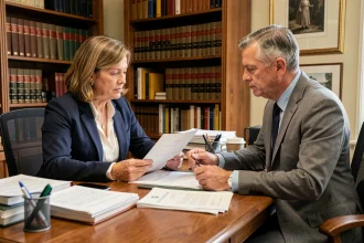 Une femme et un notaire examinent des documents d'adoption simple dans un bureau juridique professionnel