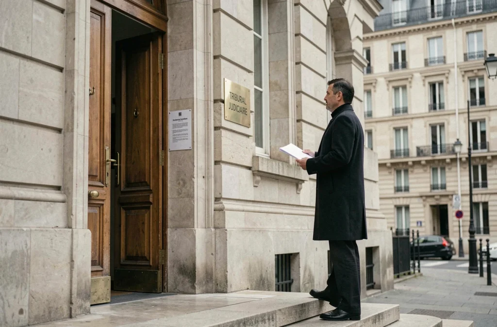 Homme devant un tribunal judiciaire tenant un dossier d'adoption simple en France