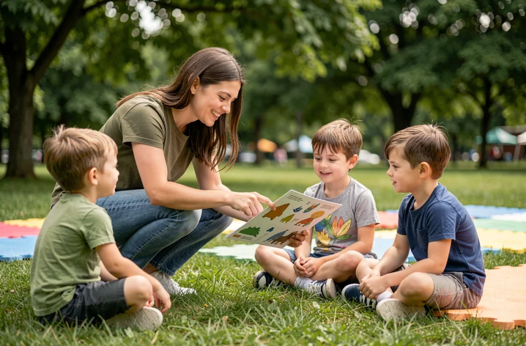 Animatrice de centre de loisirs présentant une activité thématique à des enfants assis en plein air sur une pelouse verte