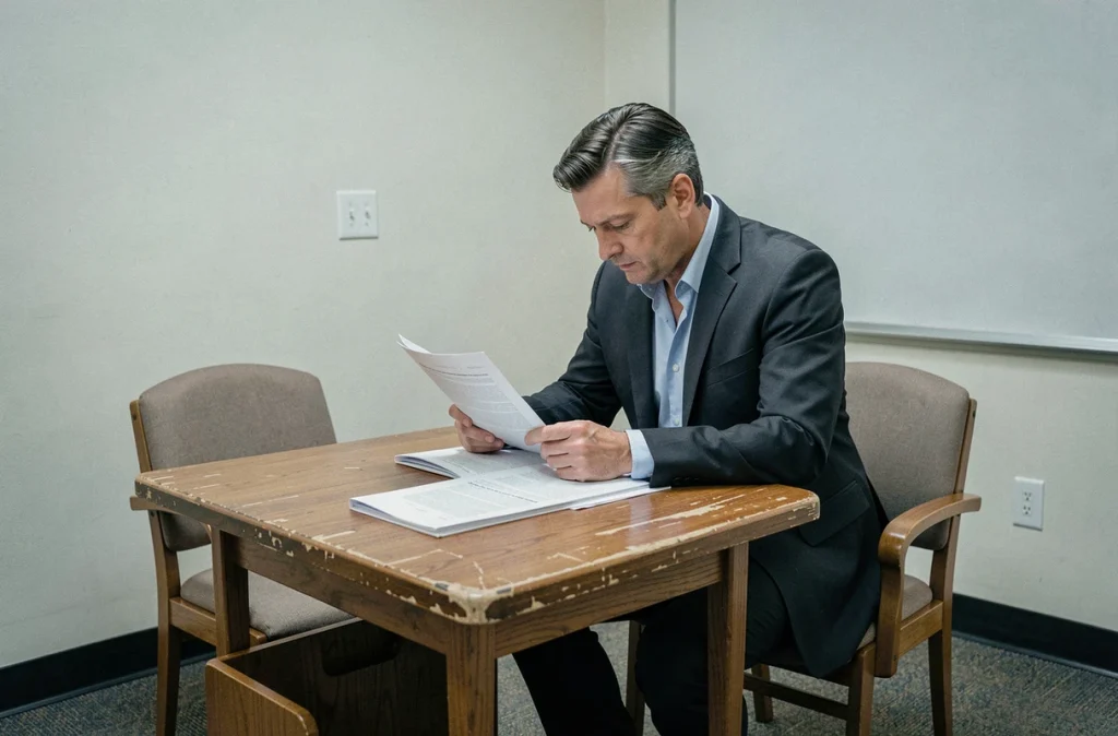 Avocat seul à la table de la défense dans une salle d'audience pour mineurs feuilletant un dossier juridique en l'absence de son client