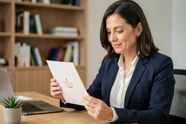 Femme professionnelle tenant une carte de Noël d'entreprise imprimée avec logo dans un bureau moderne