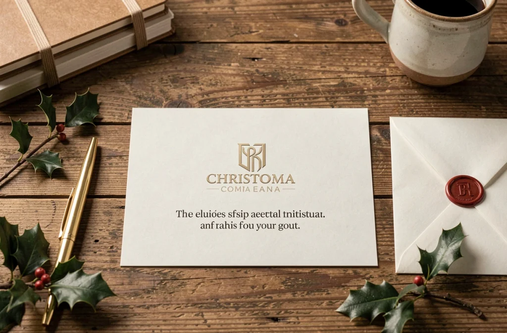 Carte de Noël professionnelle imprimée avec logo d'entreprise posée sur un bureau en bois avec décoration festive