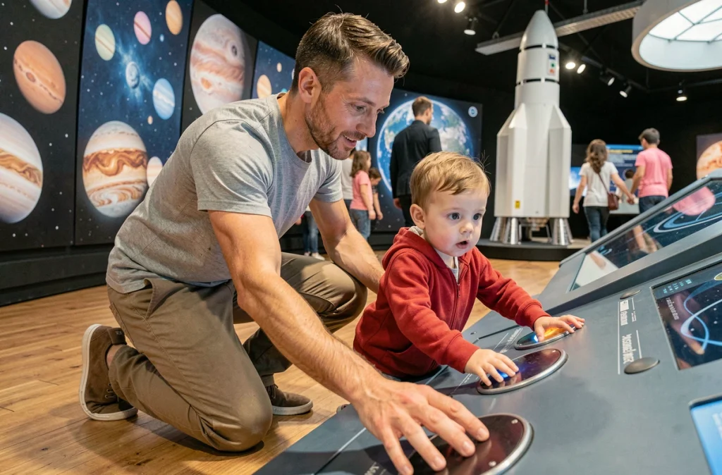 Père et enfant explorant une exposition interactive à la Cité de l'Espace de Toulouse