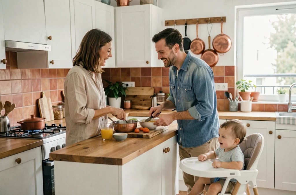 Couple partageant les tâches parentales dans une cuisine française moderne avec leur enfant en bas âge