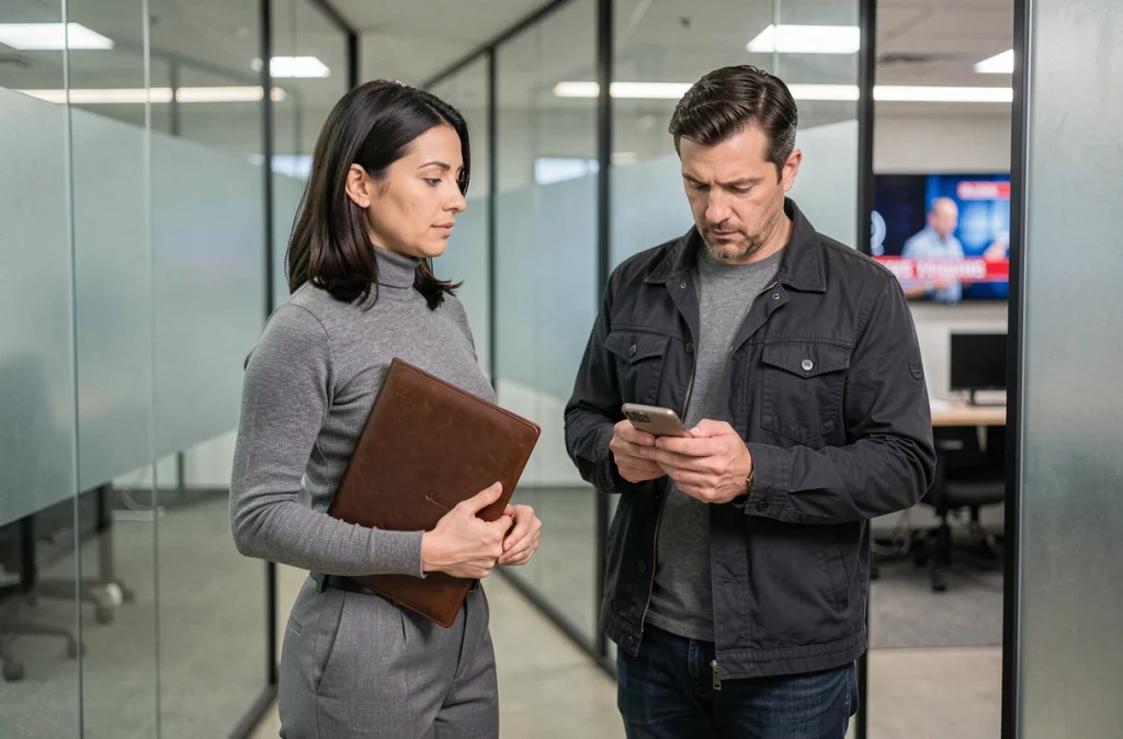 Une femme journaliste et son compagnon en coulisses d'un studio de télévision, symbolisant le rôle de soutien d'un partenaire dans une carrière audiovisuelle