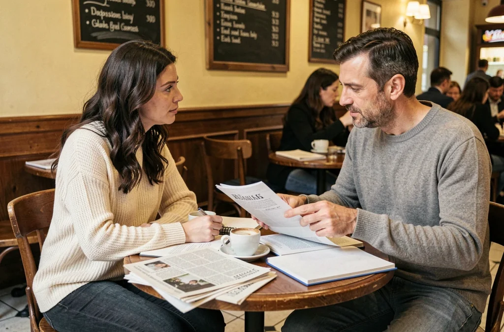 Un couple discutant de projets professionnels dans un café parisien, illustrant le rôle bienveillant d'un compagnon dans l'accompagnement d'une carrière de journaliste