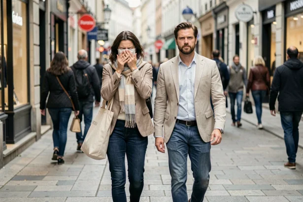 Couple célèbre marchant dans une rue urbaine, tentant de préserver leur vie privée face aux regards du public