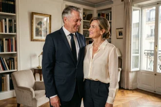 Couple élégant partageant un moment intime dans un appartement parisien raffiné, illustrant l'équilibre entre vie privée et carrière publique