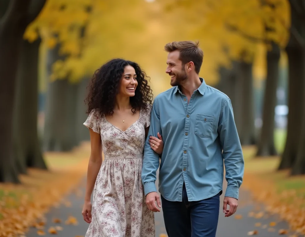 Couple se promenant et riant dans un parc automnal avec des feuilles dorées au sol
