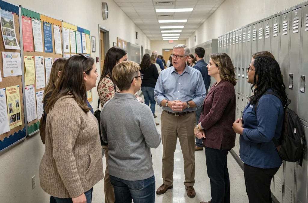 Directeur d'école discutant avec des parents inquiets dans le couloir lors d'une grève du personnel de cantine