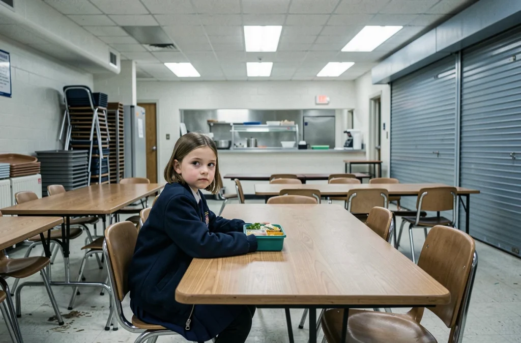 Écolière mangeant seule à la cantine fermée pendant une grève du personnel de restauration scolaire