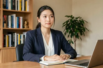 Jeune femme d'origine asiatique et européenne assise à un bureau moderne, illustrant le profil identitaire d'Elizabeth Tran-Bouleau