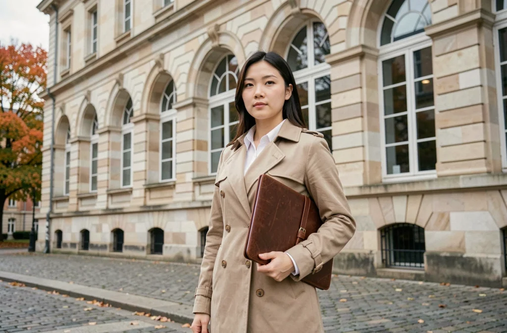 Femme devant une université française en manteau beige, évoquant le parcours académique et les origines d'Elizabeth Tran-Bouleau