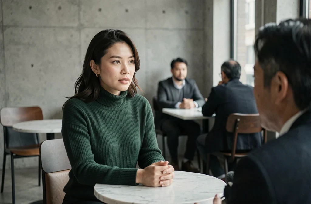Femme d'origine vietnamienne et française en entretien dans un café parisien, représentant l'identité et le portrait d'Elizabeth Tran-Bouleau