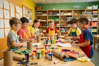 Groupe d'enfants en centre de loisirs réalisant un projet créatif avec des matériaux de bricolage colorés sur une grande table d'atelier