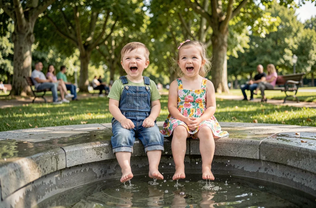 Deux tout-petits jouant dans une fontaine dans un parc de Toulouse en été