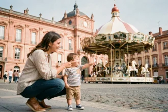 Mère et tout-petit devant le Capitole de Toulouse regardant un carrousel coloré