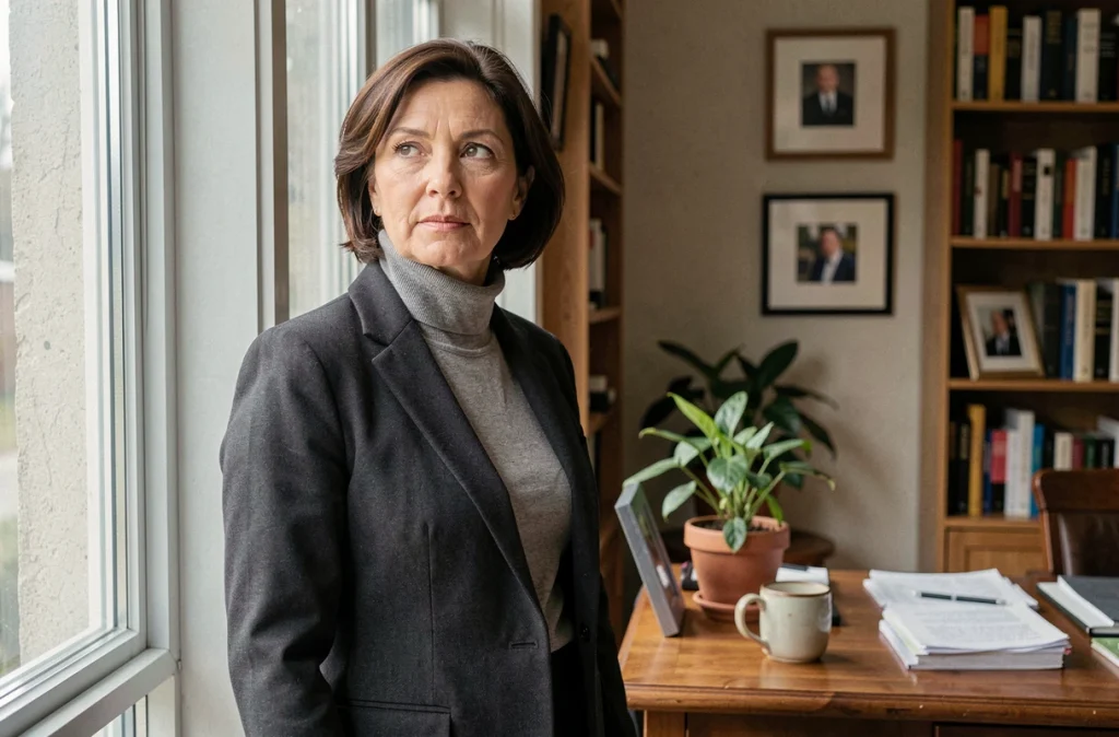 Femme élégante et réfléchie dans un bureau à domicile personnel, évoquant l'équilibre entre identité privée et présence publique