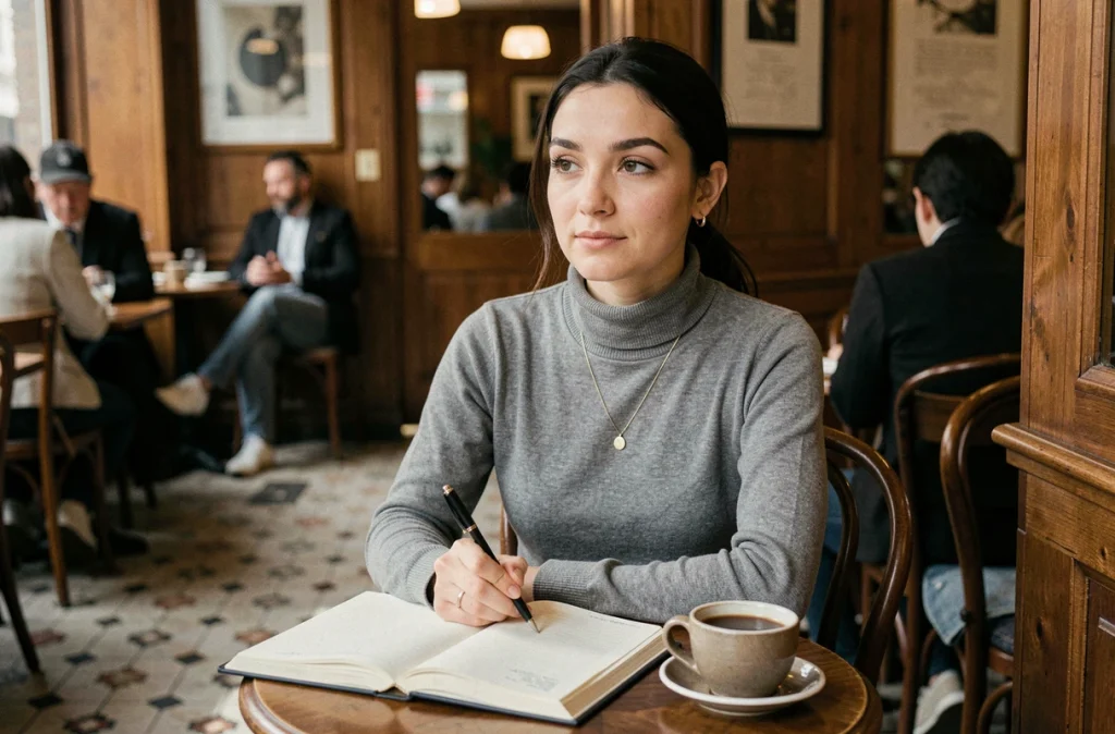 Femme écrivant dans un journal intime dans un café parisien, expression songeuse et introspective, atmosphère de confidence personnelle