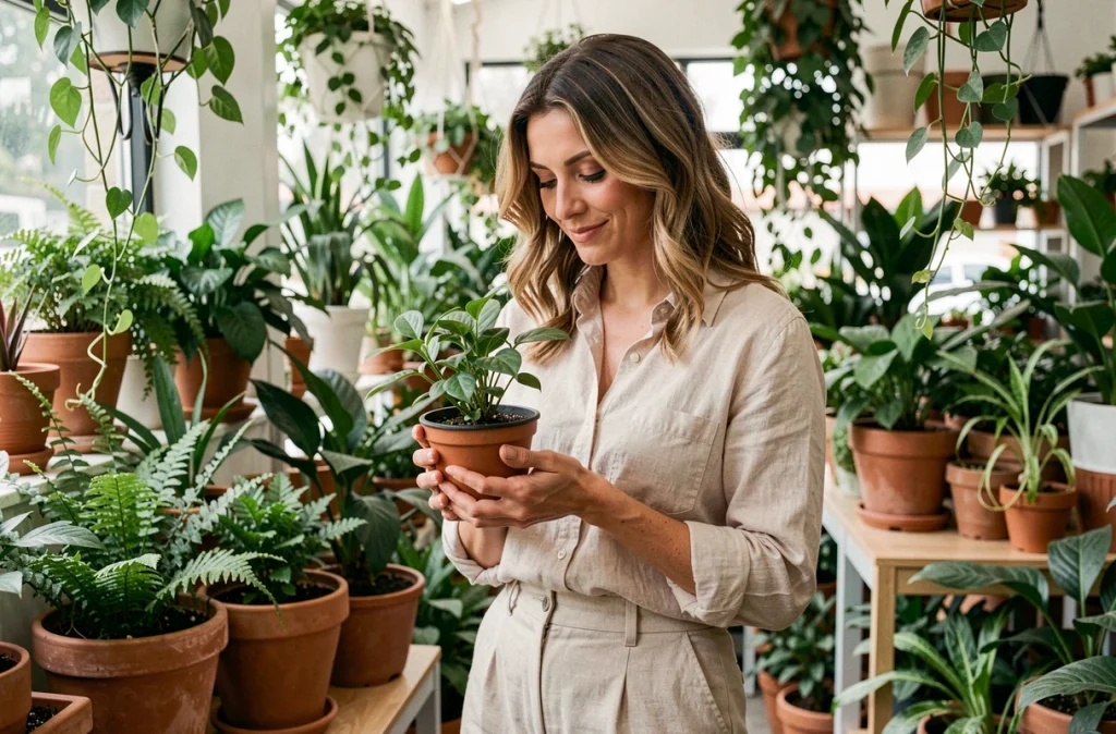 Femme tenant délicatement une plante en pot dans une boutique végétale, expression bienveillante évoquant le désir de maternité