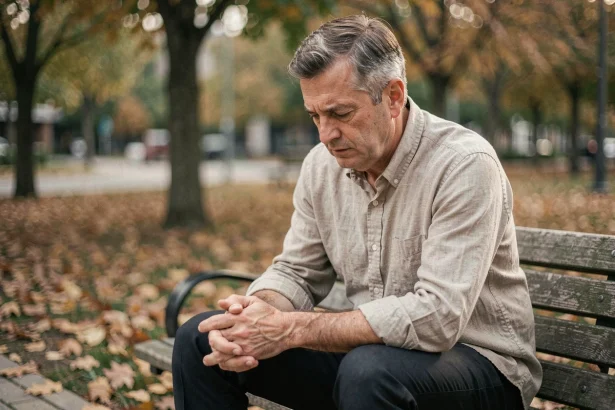 Homme mûr pensif assis seul sur un banc dans un parc en automne, illustrant la déception vis-à-vis de la figure paternelle