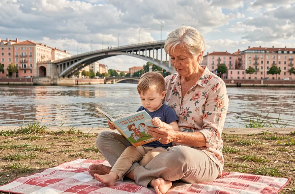 Grand-mère lisant un livre à un bébé au bord de la Garonne à Toulouse