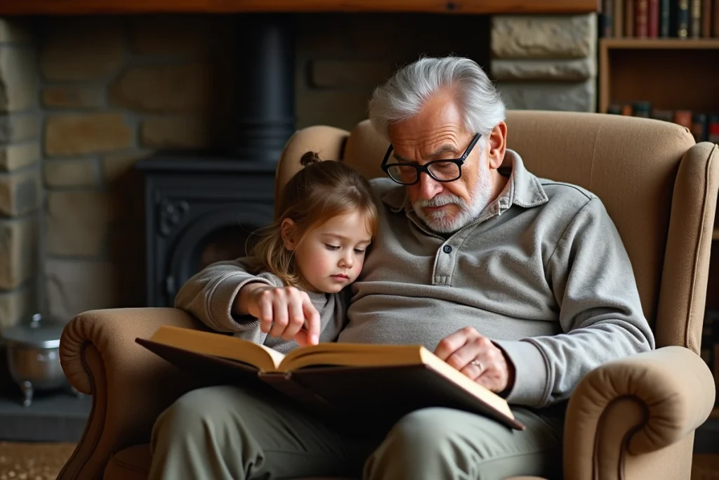 Grand-père aux cheveux argentés lisant un grand livre de contes illustré à une petite fille captivée, assis dans un fauteuil près d'une cheminée en pierre dans un salon chaleureux, transmission intergénérationnelle du conte du Petit Poucet