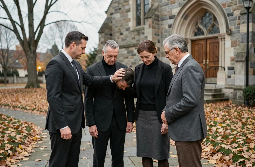 Groupe de proches en deuil devant une église en automne, gestes de soutien et de condoléances entre amis et famille