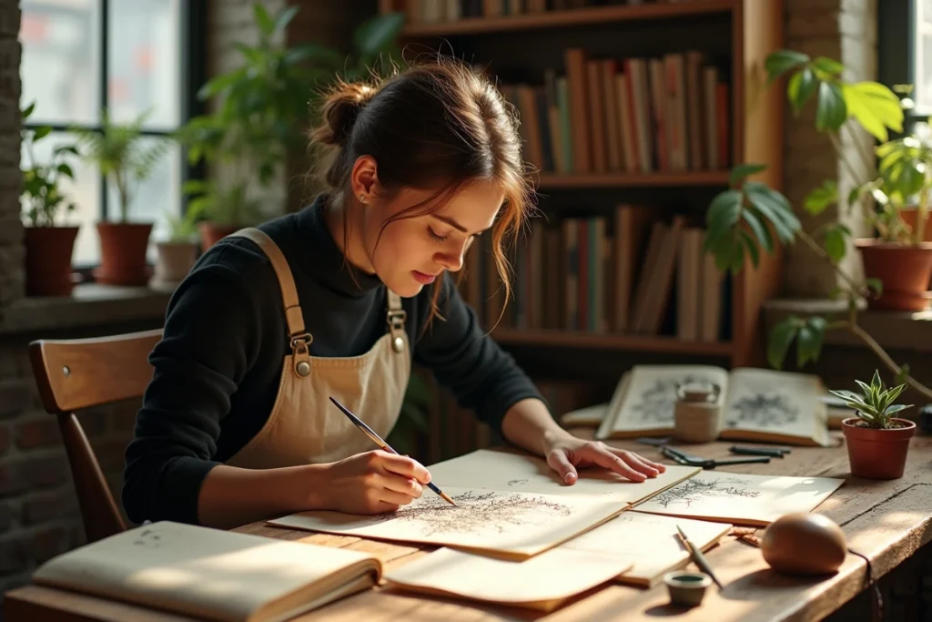 Illustratrice de livres pour enfants travaillant à sa table en bois encombrée de livres de contes vintage et de croquis à l'encre dans un studio urbain chaleureux, évoquant la création artistique autour du conte du Petit Poucet
