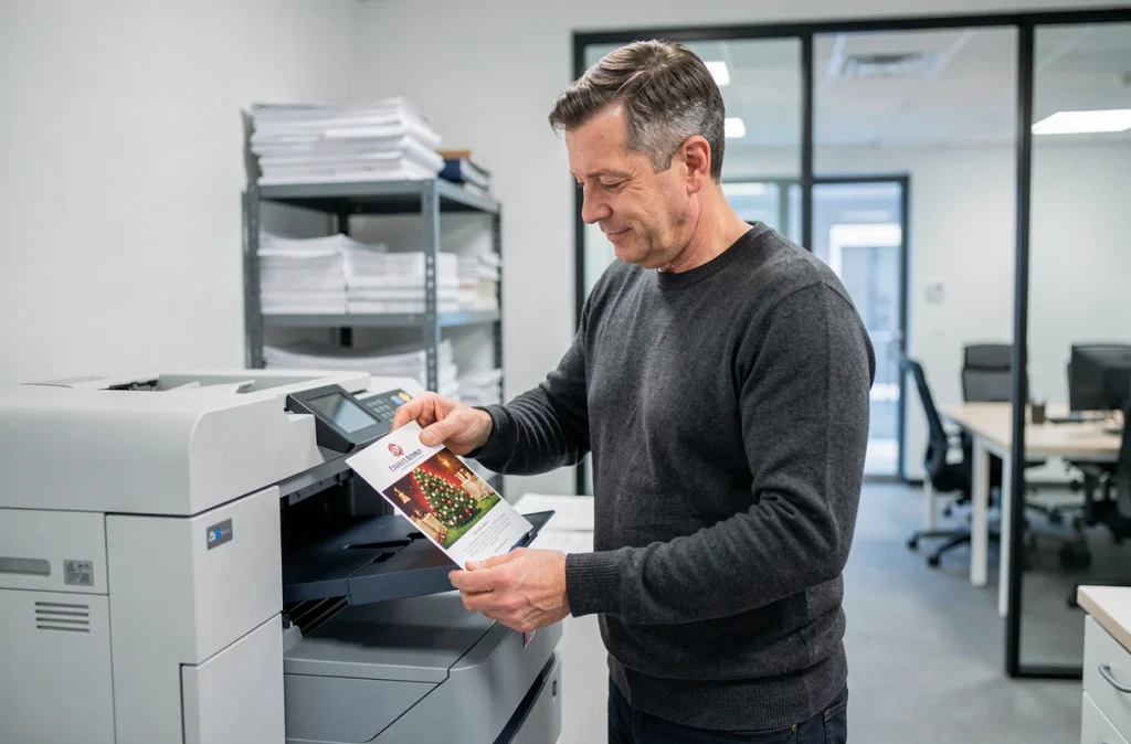Homme d'affaires récupérant une carte de Noël d'entreprise imprimée avec logo depuis une imprimante de bureau