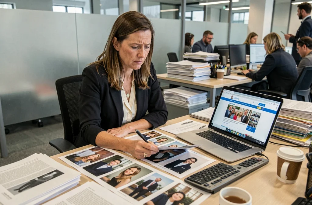 Journaliste en salle de rédaction examinant des photos de célébrités, illustrant la tension entre vie privée et curiosité médiatique