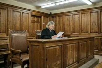 Juge pour enfants assise derrière son bureau dans une salle d'audience formelle avec une chaise vide en premier plan symbolisant l'absence d'un justiciable