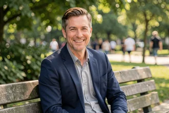 Julian Bugier présentateur de journal télévisé souriant dans un parc, portrait éditorial naturel en extérieur