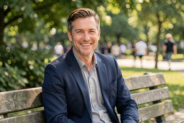 Julian Bugier présentateur de journal télévisé souriant dans un parc, portrait éditorial naturel en extérieur