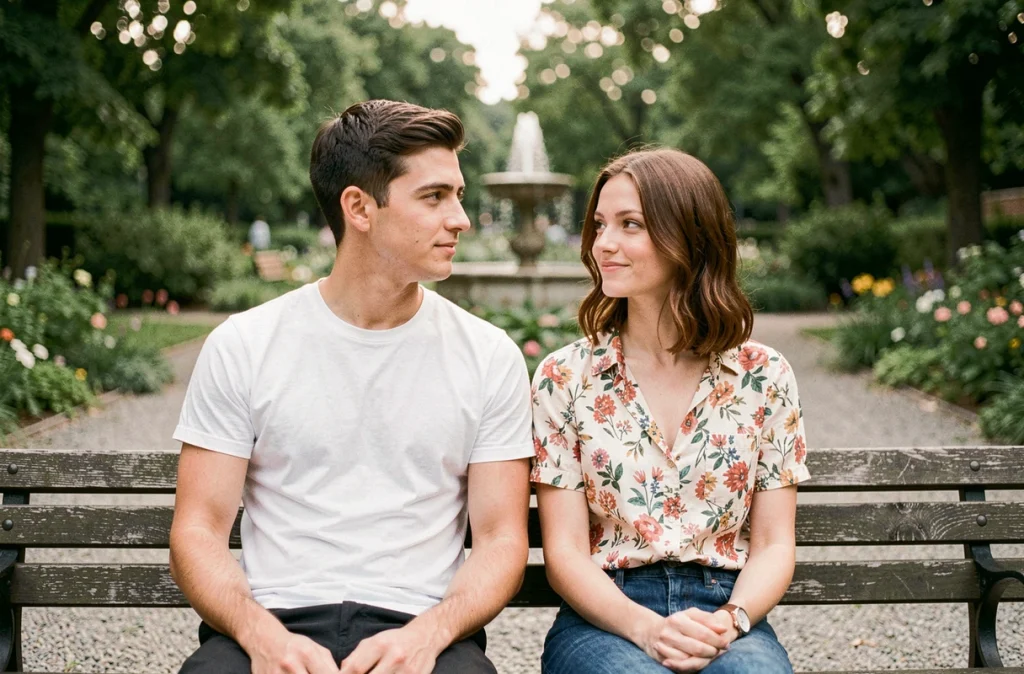 Jeune homme et jeune femme assis ensemble sur un banc de parc avec une proximité ambiguë, illustrant les interrogations sur la relation amoureuse de Kevin Bossuet