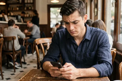 Jeune homme seul dans un café parisien consultant son téléphone avec une expression pensive, illustrant le questionnement sur la vie amoureuse de Kevin Bossuet