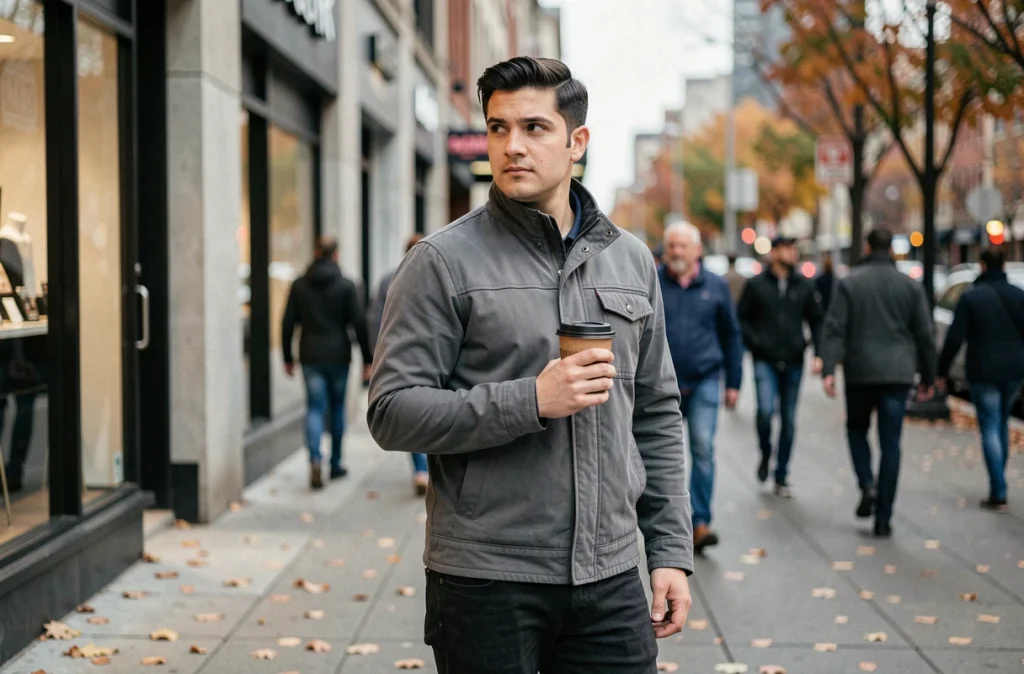 Jeune homme photographié en candid shot dans une rue animée de la ville, avec une expression ambiguë évoquant les rumeurs sur la vie sentimentale de Kevin Bossuet