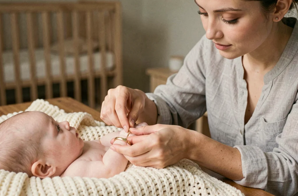Maman attachant une gourmette en or au poignet de son bébé lors du baptême, moment précieux illustrant l'importance d'assurer un bijou de naissance