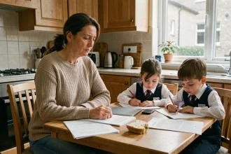 Mère qui télétravaille à la maison avec ses enfants pendant une grève de cantine scolaire