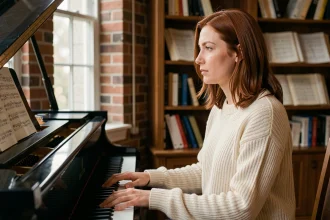 Musicienne pensive assise au piano dans un intérieur chaleureux, regard tourné vers la fenêtre, ambiance intimiste et introspective